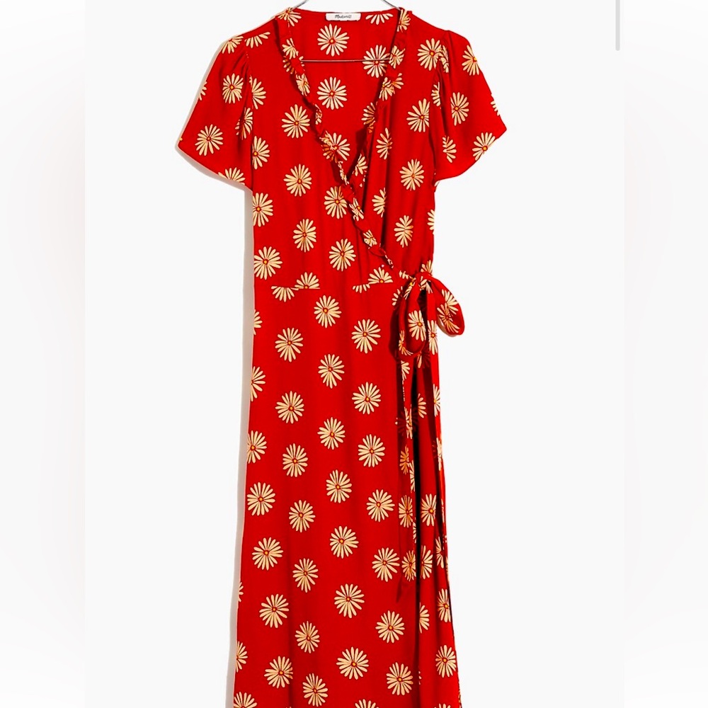Madewell ruffle-edge wrap midi dress in daisy daydream
